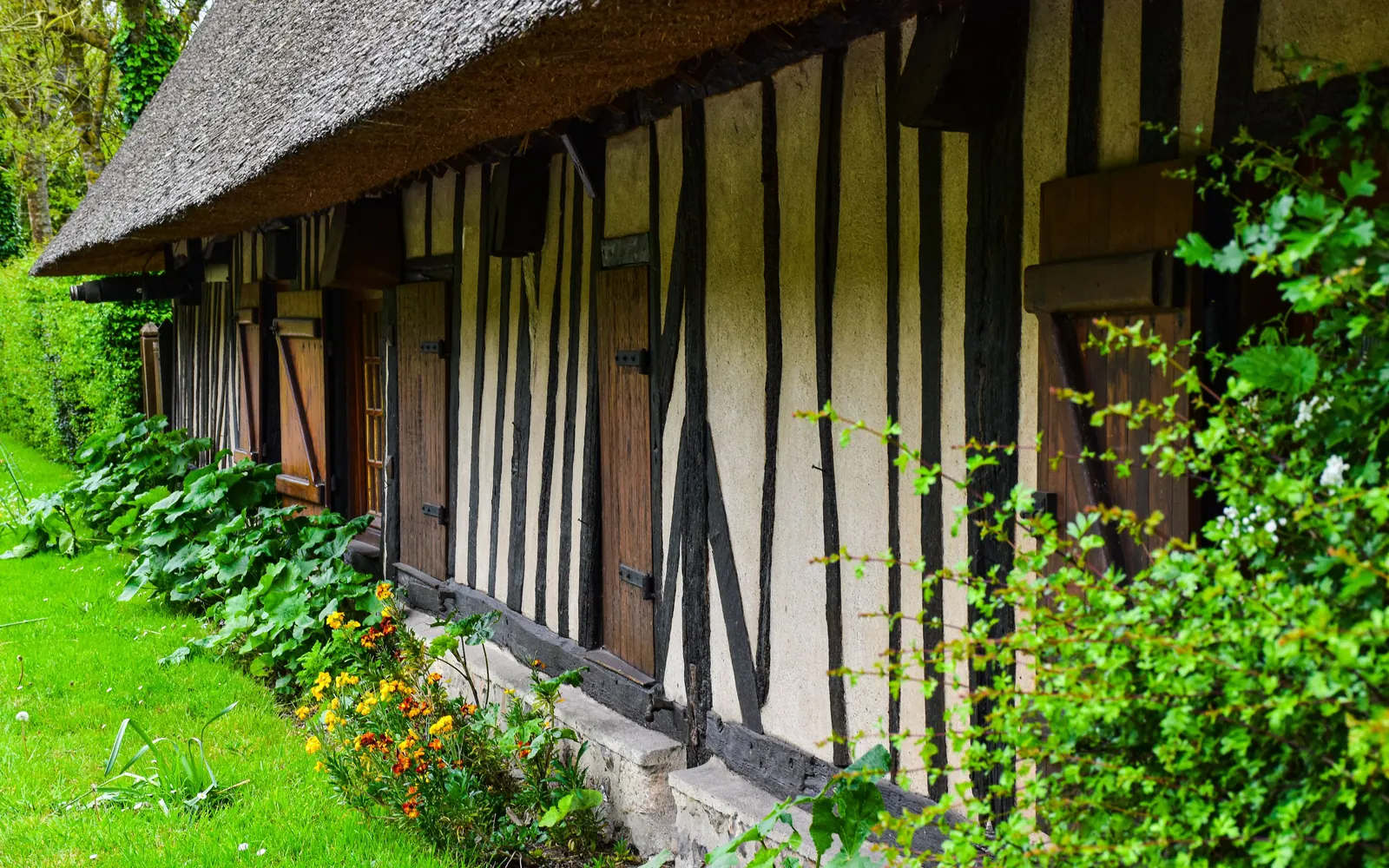 Façade à colombages sous un toit de chaume